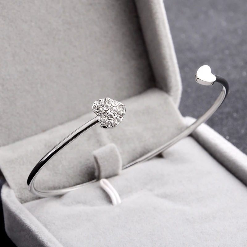 Adjustable Crystal Double Heart Bow Bilezik Cuff Opening Bracelet Hot New Fashion Women Jewelry Gift Mujer Pulseras