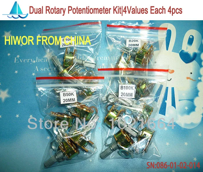 (16pcs/lot) Dual Double Rotary Potentiometer kit  B10K B20K B50K B100K  Pots 20MM Shaft 4 Values Each 4Pcs