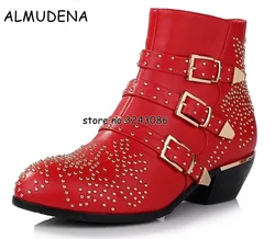 New Leather Black Red White Rivets Booties Buckle Straps Thick Heel Ankle Boots Studded Decorated Motorcycle Boots Shoes Woman