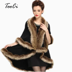 New Women  winter cape Faux Fox Fur Coat  Black Knitted Cardigan Poncho And Caps Knitted Sweater Lady Scarves Coat