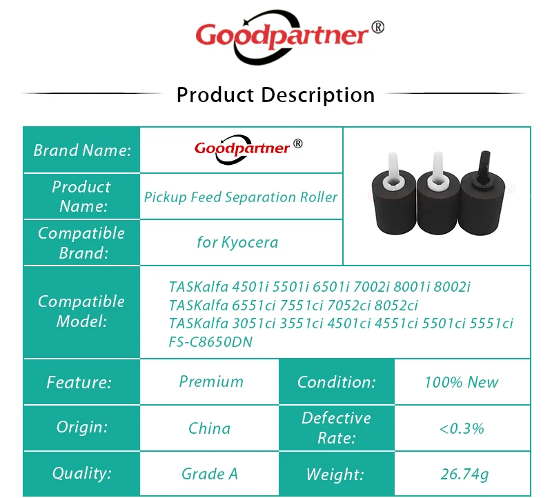 20X 2N406030 2N406040 Separation Feed Pickup Roller for Kyocera 4501i 5501i 6501i 7002i 8001i 8002i 6551ci 7551ci 7052ci 8052ci