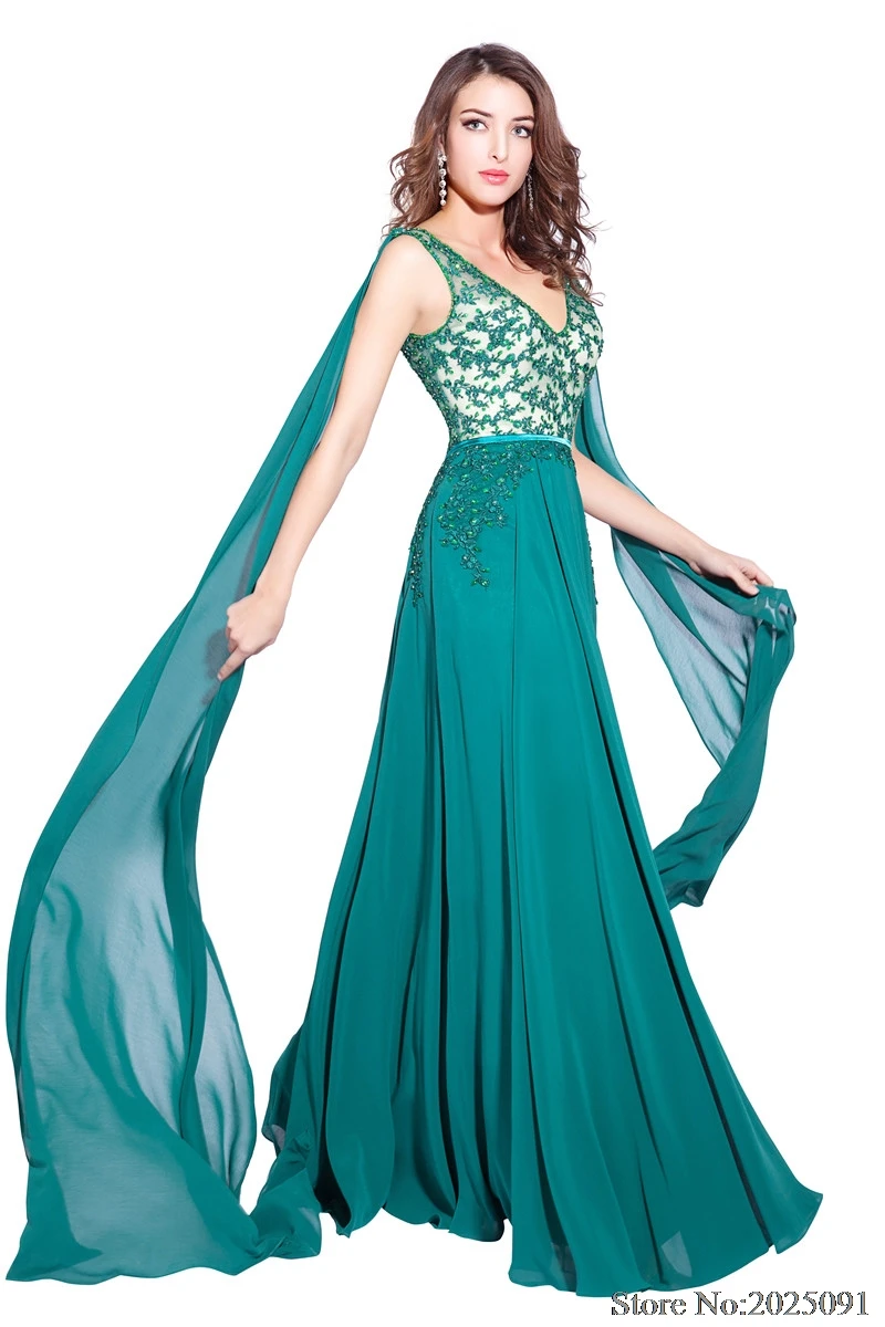 2017 Real Sample 100% As Picture Green Spaghetti straps V-Neck Long Prom dress Evening Gown Chiffon vestido Longo longo