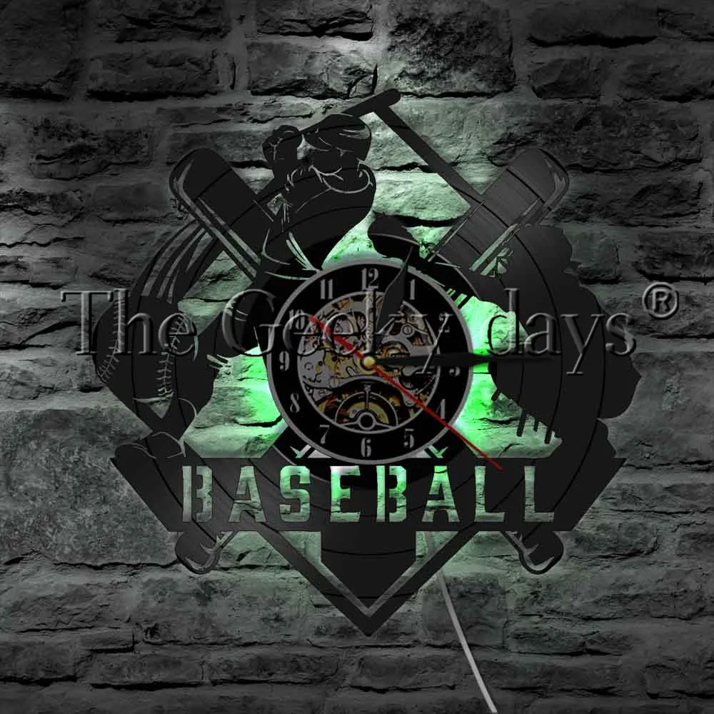 Baseball Players Hitter And Catcher LED Light Vinyl Record Wall Clock Baseball Game Player Sports LED Hanging Light