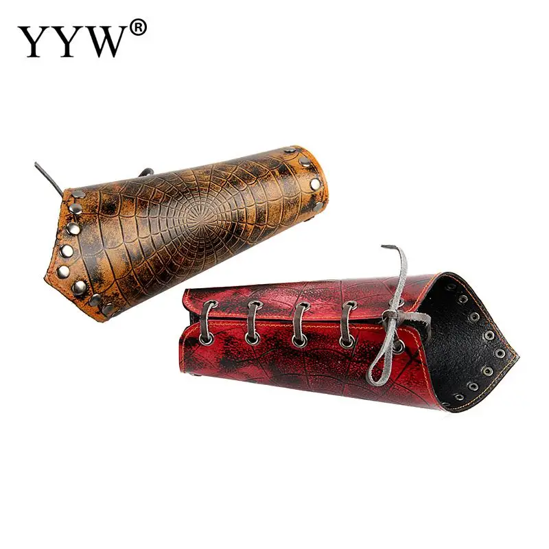 1PC Vintage Cosplay Props Faux Leather Bracers Lace Up Arm Cuff Cross String Spiderweb Steampunk Medieval Gauntlet Wristband Red