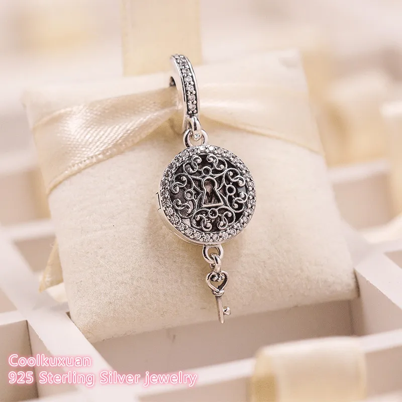 925 Sterling Silver Regal Love Key Dangle Charm, Clear CZ Beads Fit Original Pandora Charms Bracelet Jewelry Making Autumn