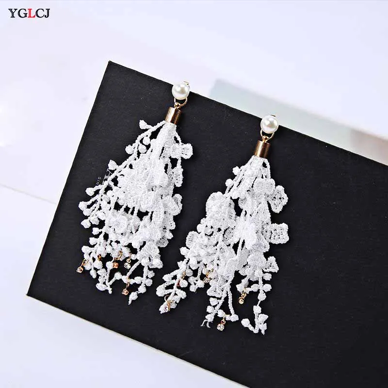 Korean Fashion Temperament Ladies Lace Earrings Tassel Streamers Multi-Layer Flower Earrings Bohemian Style Jewelry