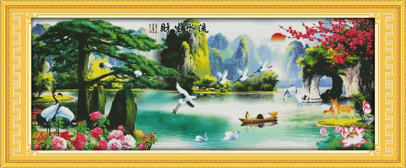 Running water brings wealth(4)(wealth) cross stitch kit lanscape garden 14ct 11ct count printed canvas stitching embroidery DIY