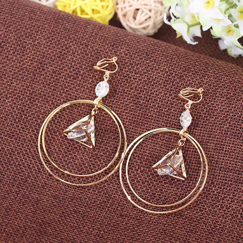 JIOFREE Simple Style Fashion Gold Color Zircon Clip on Earrings for Women Round Geometric Earrings 2018 Female Jewelry