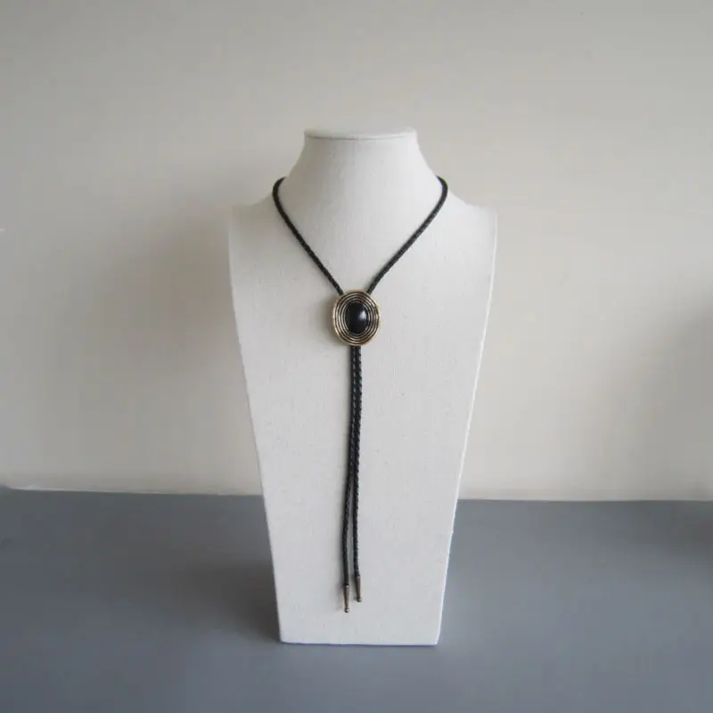 Antique Gold Plated Nature Black Obsidian Bolo Tie Neck Tie