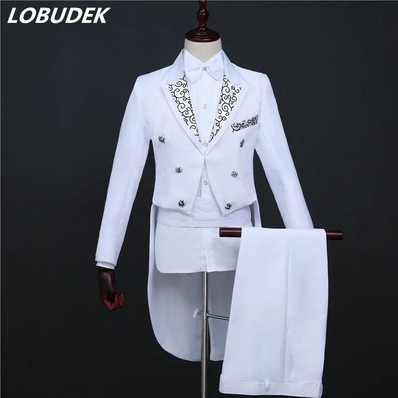 

3 Colors Tuxedo Men's Suit Magician Swallowtail Performance Costume Host Wedding groom Studio Blazer Singer Chorus Stage Costume