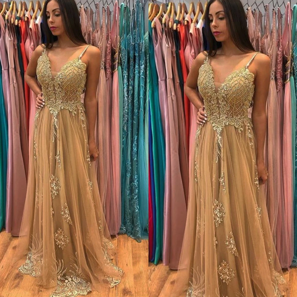 Vestidos de baile de renda 2020 champanhe, decote spaghetti, renda, cristal, uma linha, tule, vestido de noite