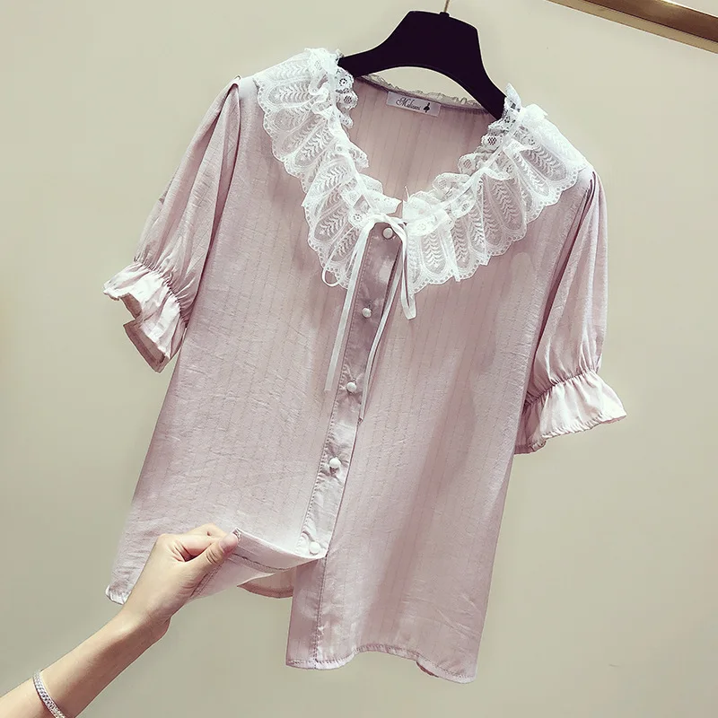 Sweet Lace Bowknot Shirt Women\'s Summer Short Sleeve V Collar Blouse Top Girl Pure Color New Korean Preppy Style Shirts H9155