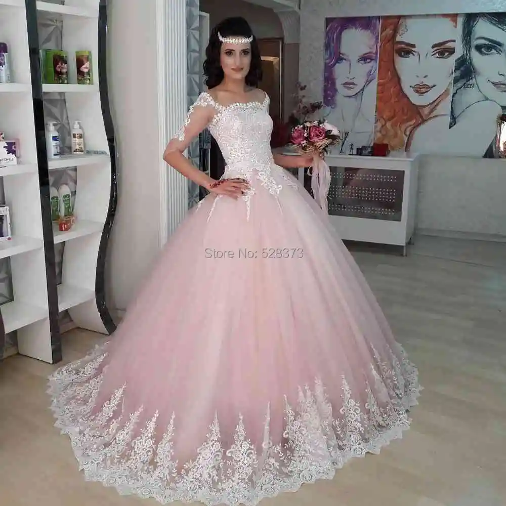 YNQNFS RWD26 Robe de Mariee Hochzeitskleid Elegant Half Sleeves Princess White and Pink Wedding Dresses Arabic