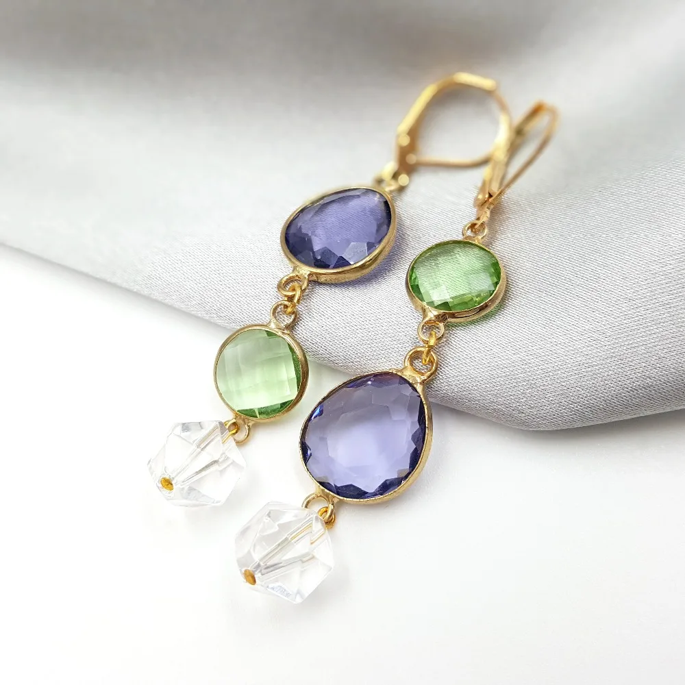 Lii Ji Unique Crystal Quartz 925 Sterling Silver  Gold Color Long Dangle Earrings