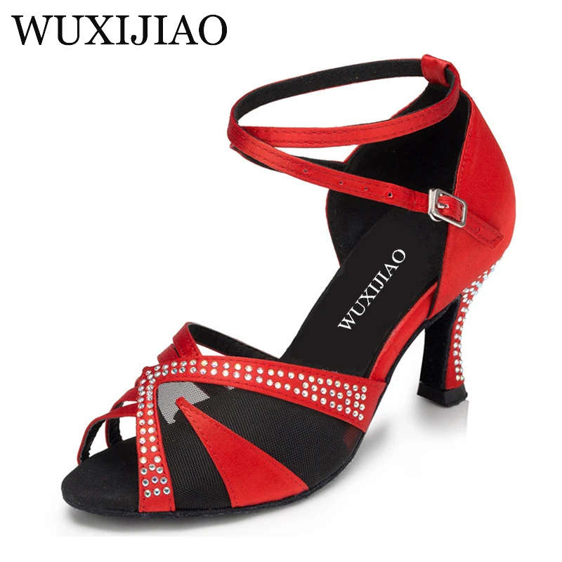 Wuxijiao Hitam Orange dan Merah Satin Kristal Berlian Imitasi Salsa Tango Ballroom Latin Menari Sepatu dan Sepatu Dansa