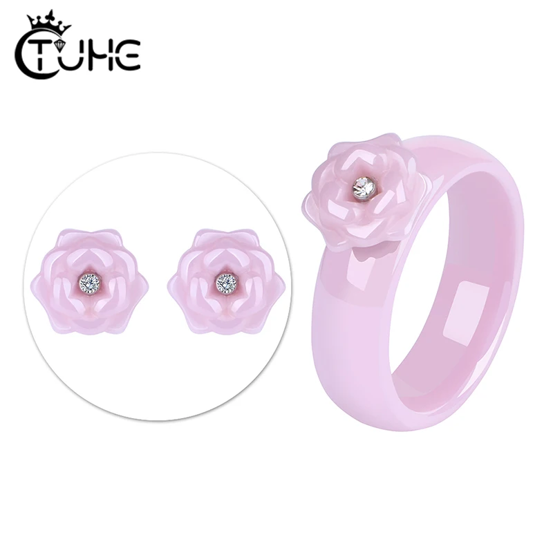 New Romantic Cut Jewelry Sets Wedding Jewelry Exquisite Handmade Rose Ceramic Material Zirconia Earring Ring Set Jewelry Gift