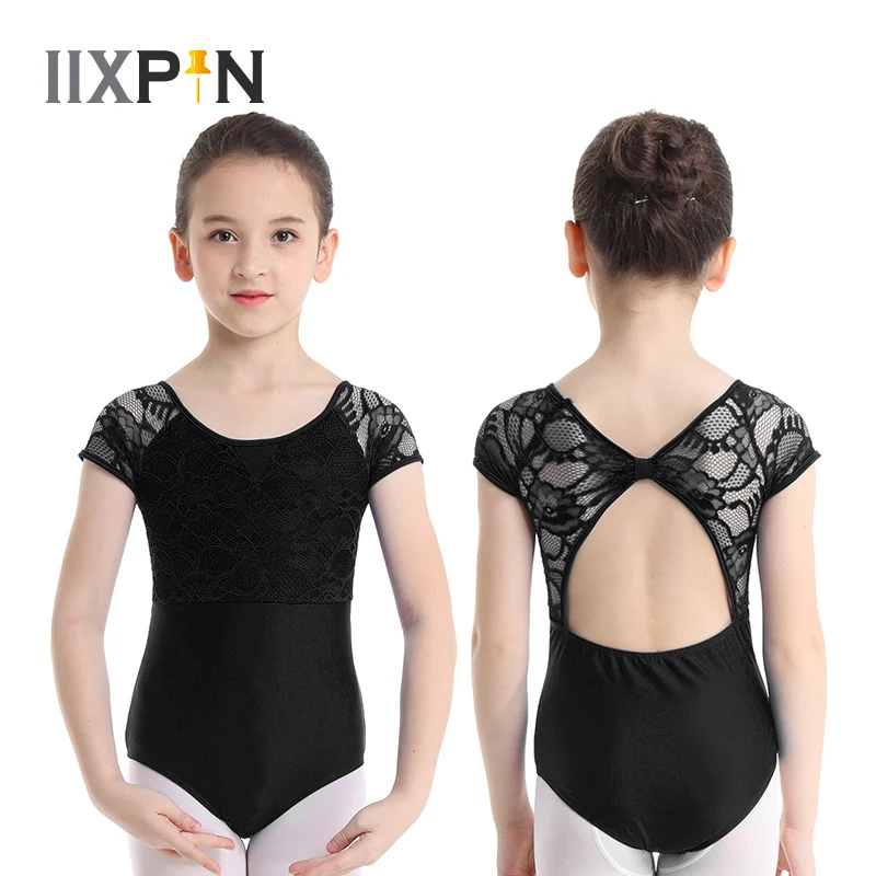 IIXPIN Kids Girls Gymnastics Leotard Ballet Dance Costumes Short Sleeves Floral Lace Bowtie Shaped Back Ballet Dance Jumpsuit