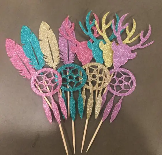 

Glitter Boho Stag Head, Feather, Dream Catcher baby shower first Birthday Cupcake Toppers Christening baptism foodtoothpicks