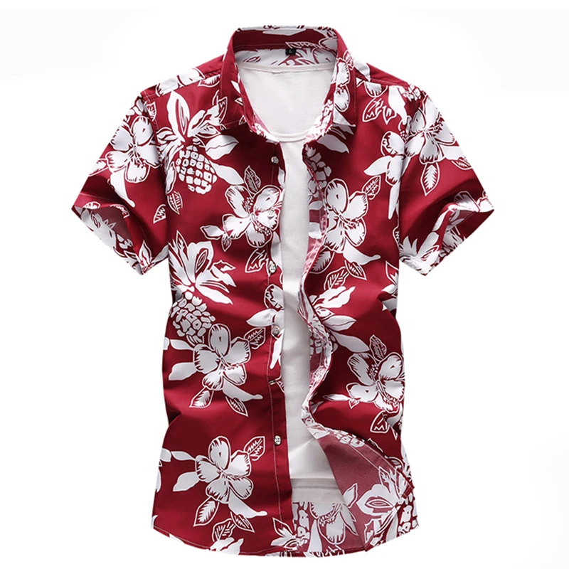 Men floral printed Slim Short sleeve shirts Summer Hawaiian vacation Party casual red blue black Shirt camisa masculina 6XL 7XL