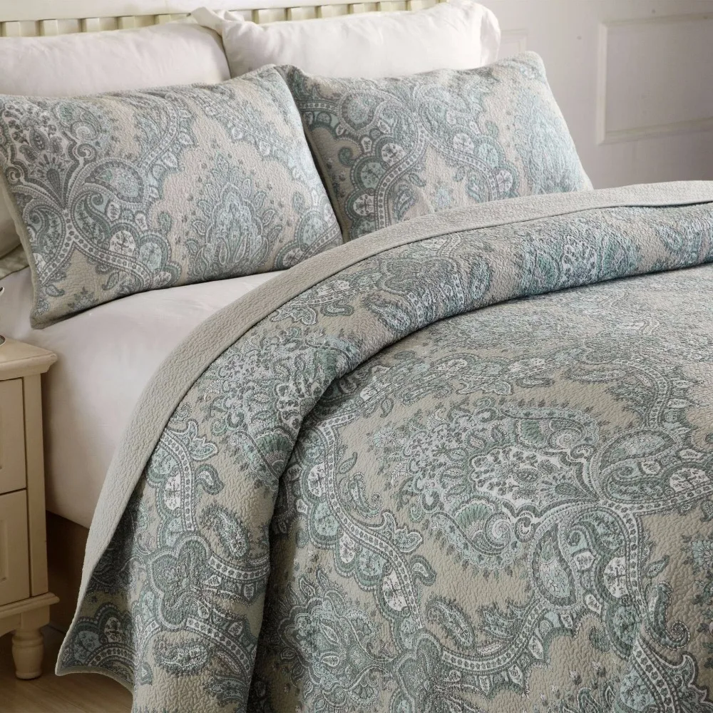 CHAUSUB Cotton Quilt Set 3PCS Bedspread on the Bed Paisley Pattern Coverlet King Queen Size Summer Quilted Comforters Reversible