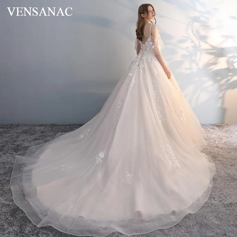 

VENSANAC 2018 Sweetheart Ball Gown Lace Flowers Appliques Wedding Dresses Sequined Court Train Backless Bridal Gowns