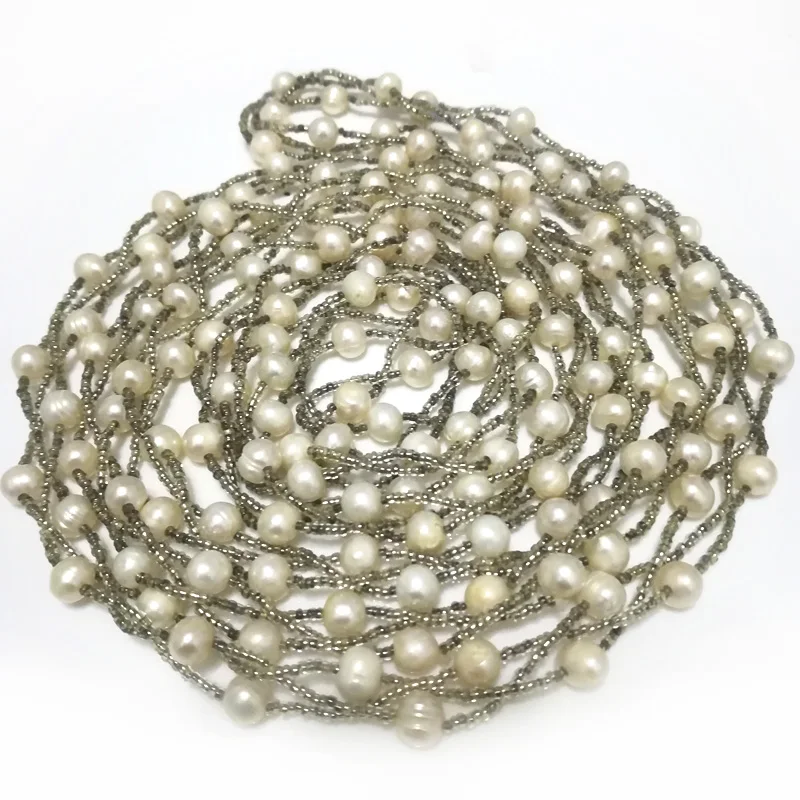 62 inches 6-7mm White Oval Pearl and Seed Beads Long Chain Sweater Necklace