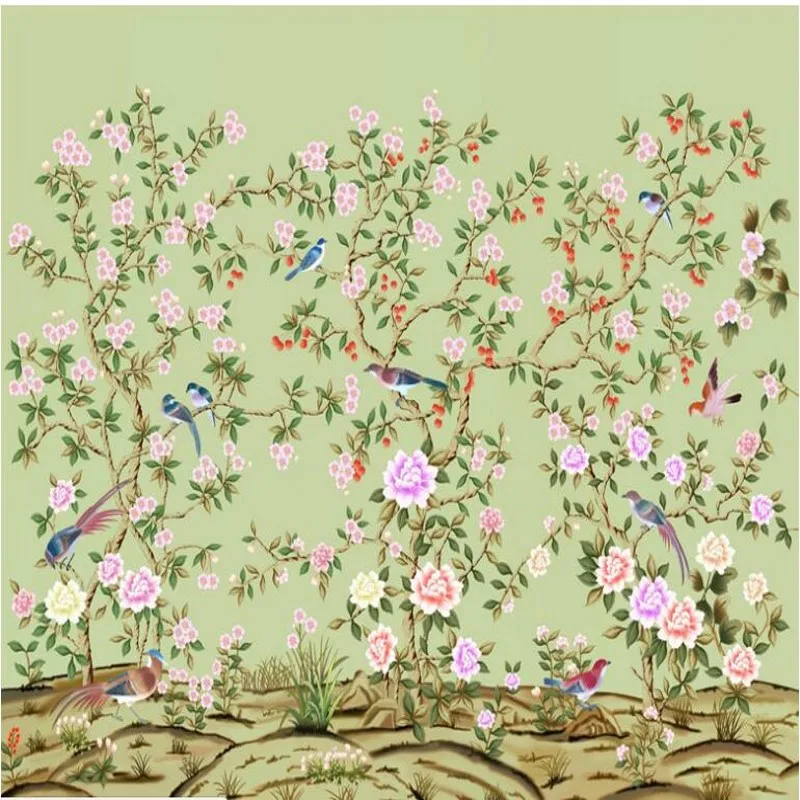 

wellyu Custom large - scale murals painted hand - painted retro flowers and birds TV backdrop decorative painting wallpaper