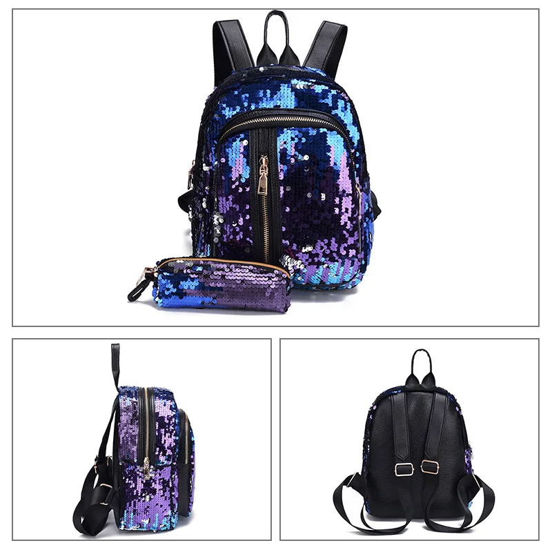 2pcs/set New Sequins Women Backpack for Teenage Girl Fashion Bling Rucksack Student School Bag with Pencil Case Clutch Mochilas