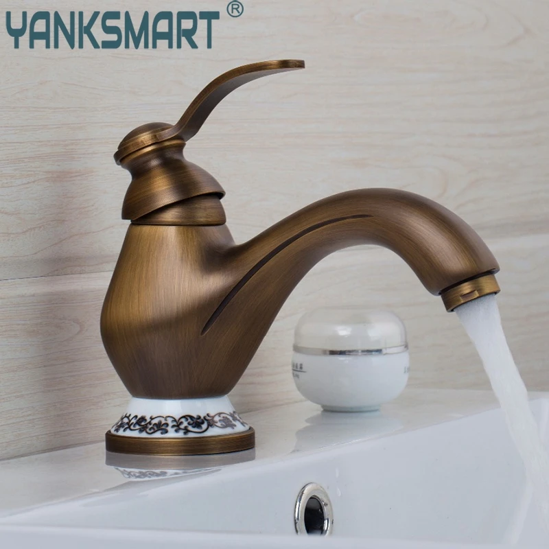 

YANKSMART Small Bathroom Basin Sink Antique Brass Deck Mounted Torneira Banheiro 97148/0 Single Handle/Hole Mixer Tap Faucet