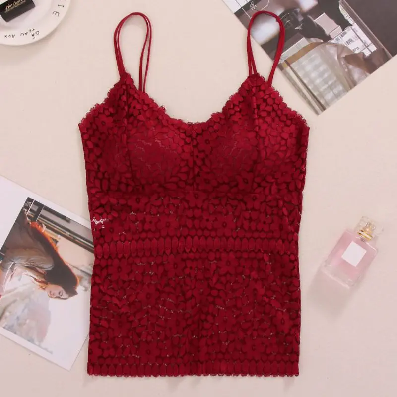 Lace Camisole With Chest Pad Base  Can Be Worn Outside Floral Openwork Vest