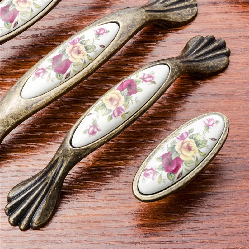 Vintage Bronze Ceramic Door Handles Cabinet Cupboard Wardrobe Drawer Closet Pull Knobs Kitchen Furniture Hardware Accessories
