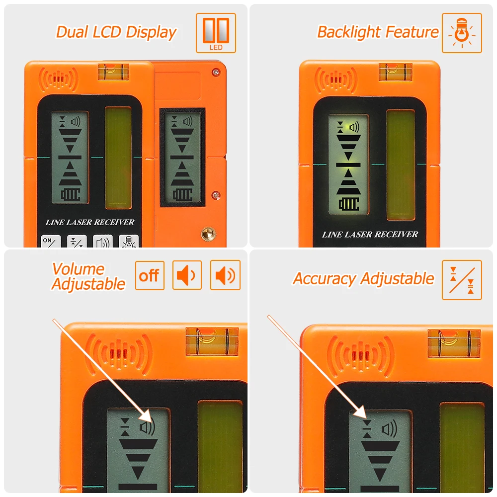 Huepar LR-5RG Dual LCD Display Laser Detector Receiver Orange Color Laser Detector For Pulse Mode Huepar Cross Line Laser Level