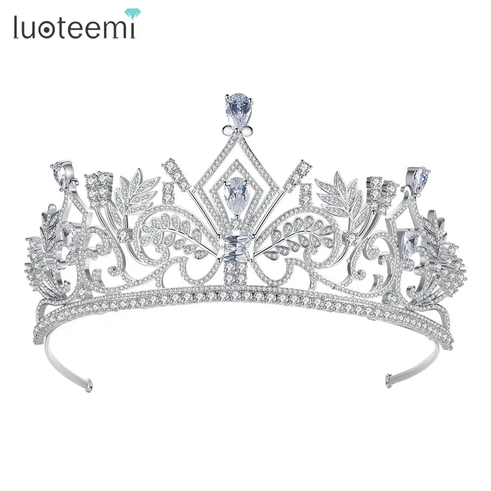 

LUOTEEMI Baroque Cubic Zirconia Fashion Crown Clear Crystal Leaf Shape Stylish Tiaras for Woman Wedding Party Stunning Jewelry