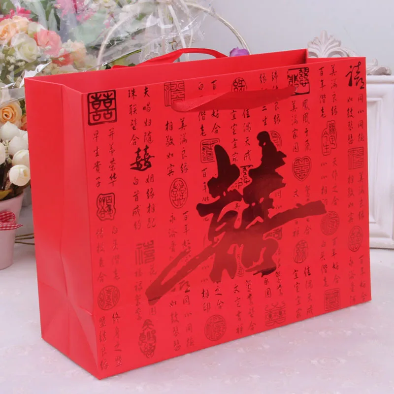 100pcs/lot Chinese Traditional Red Double Happiness Wedding Gift Paper Bag With Handle Package Candy Bags 25*9.4*19cm ZA4032