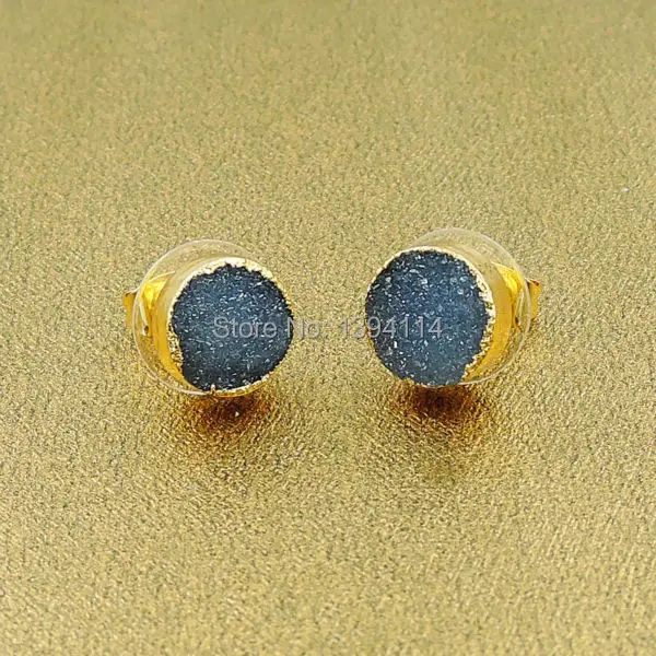 

Blue Agate Druzy Round Earrings 24k Gold Plated Approx 8mm 10mm