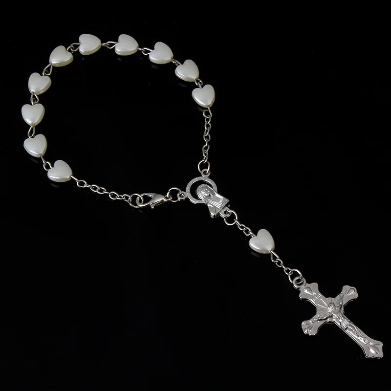 Catholic cross bracelet heart-shaped rosary white imitation pearls childrens communion baby baptism  Pink is also a Jesus cross