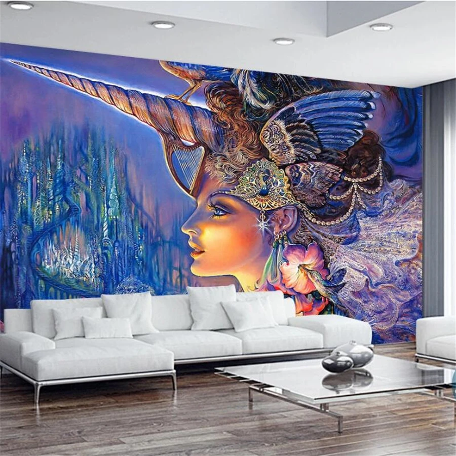 beibehang Custom wallpaper 3d mural unicorn goddess Continental myth magic color fairy hand painted sofa background wall paper