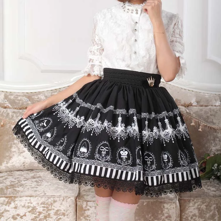 Women Lolita Skirts Custom Made Chandelier Print Vintage Pleated Lace Princess Pretty Female Elegant Short Above Knee Skirt