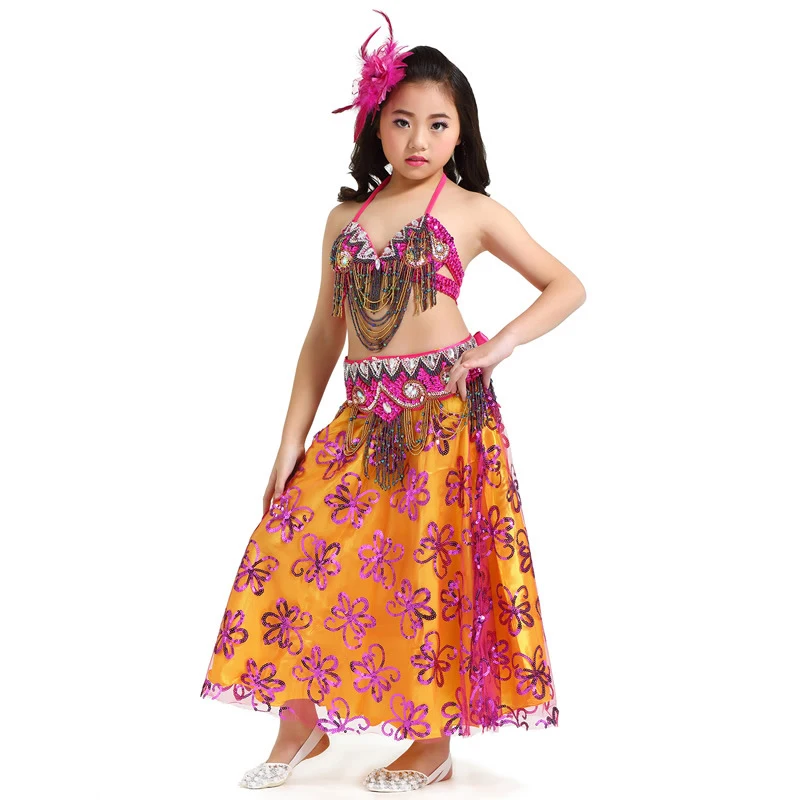 2018 New Arrivals Children Dance Wear Sequins Outfits Belly Dance Costume Stage Performance 3 Pieces Flower Skirt #853