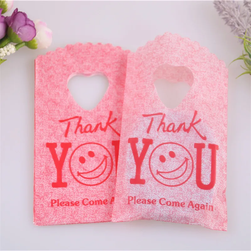 Fashion Style Wholesale 50pcs/lot 9*15cm Red Mini Thank You Packaging with Smile Face Small Plastic Bags For Birthday