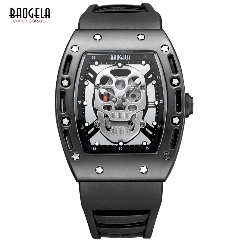 Mens Luminous Black Silicone Strap Army Skull Rectangle Dial Face with Stars Quartz Watches BGL1612G-2