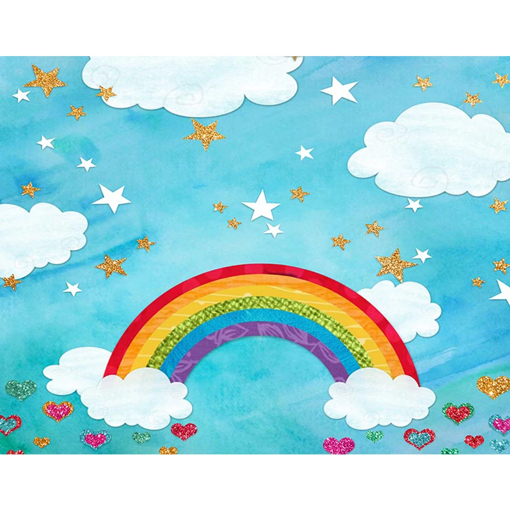 

Cartoon Blue Sky Clouds Rainbow Backdrop for Newborn Photography Printed Love Hearts Gold Stars Baby Kids Photo Shoot Background