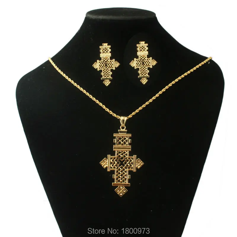 Newest Ethiopian Cross jewelry Sets  Gold Color Cross African Bridal Wedding Jewelry sets