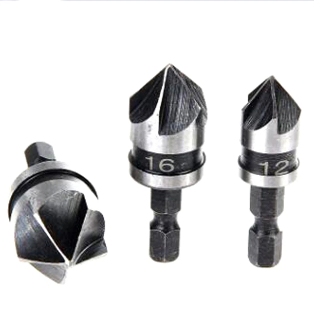 

3Pcs 90 Degree 1/4 Hex Shank Countersink Drill Bit 5 Flute 12-19mm Woodworking Counter Sink Chamfering Debur Tool Set