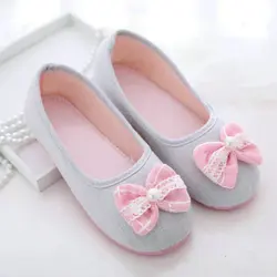 Lovely Bowtie Women Home Slippers For Indoor Bedroom House Soft Bottom Cotton Shoes Adult Guests Flat