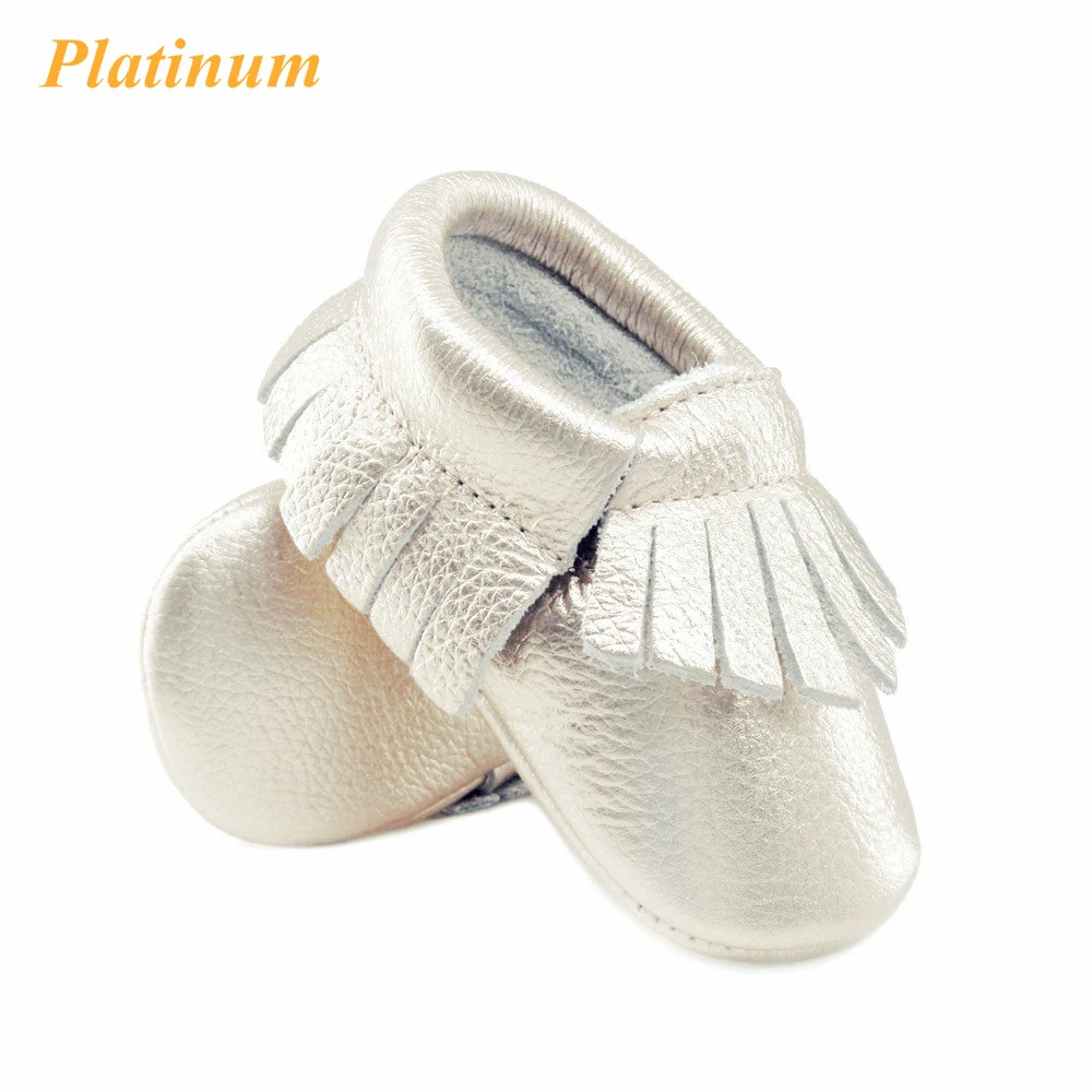 Shine Pink Genuine Leather Baby moccasins Soft Rose gold Baby girl shoes First Walkers infant Fringe Shoes 0-30 month 16 color