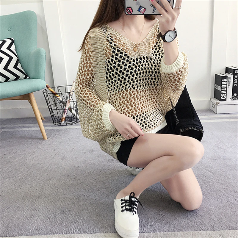 Casual Loose Korean Style Women Tops Hollow O-neck Long Sleeve Jumper Ladies Pullover Casual Casual Female Knit Sweater