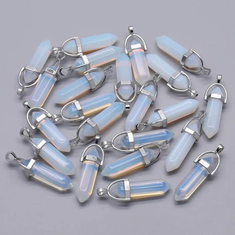 wholesale Opal Natural stone crystal pillar Necklace Pendant for making Jewelry charm alloy pendants 24pc Good quality new diy