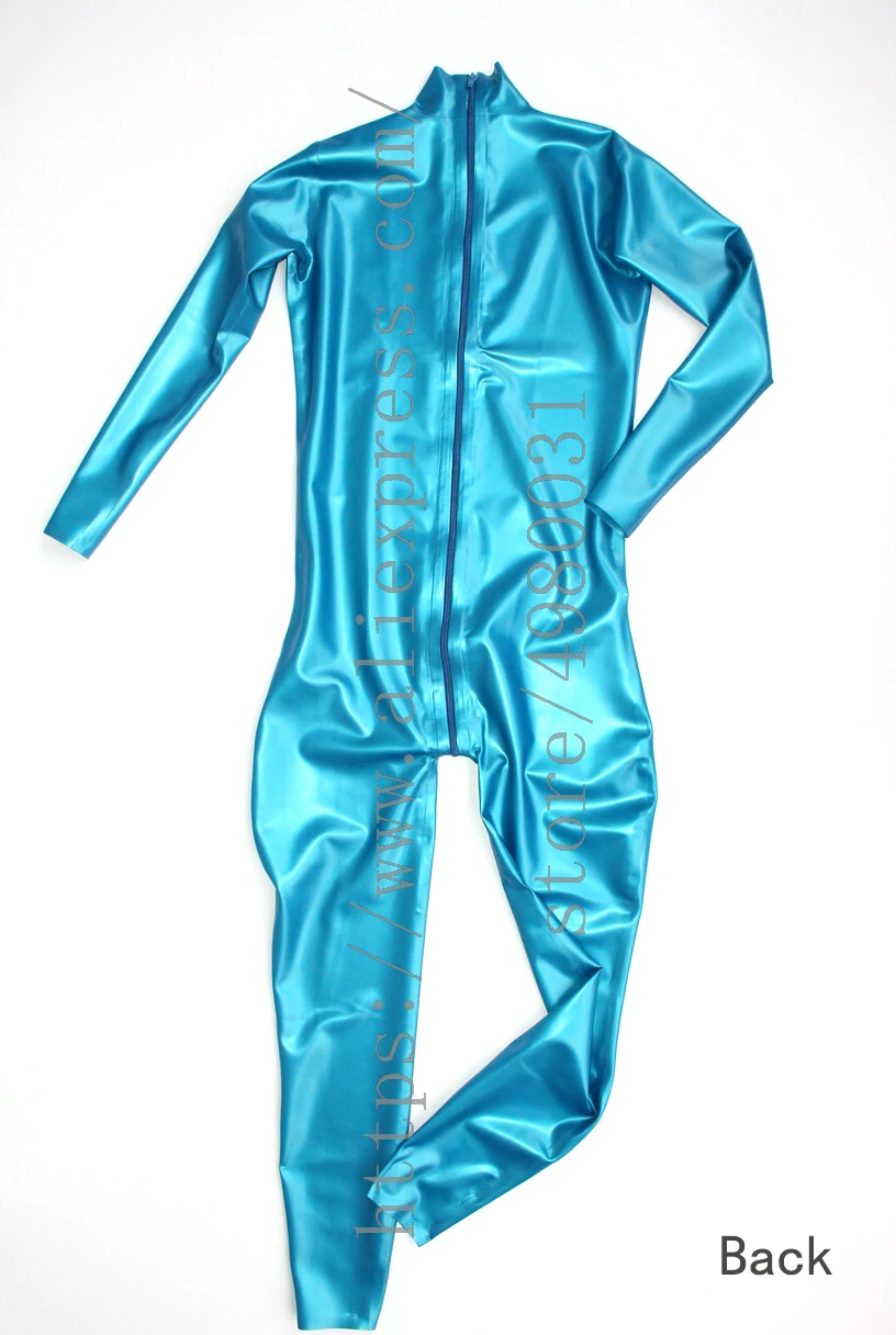 Bling latex Zentai metallic blue men's  latex catsuit homme with back zip to abdomen