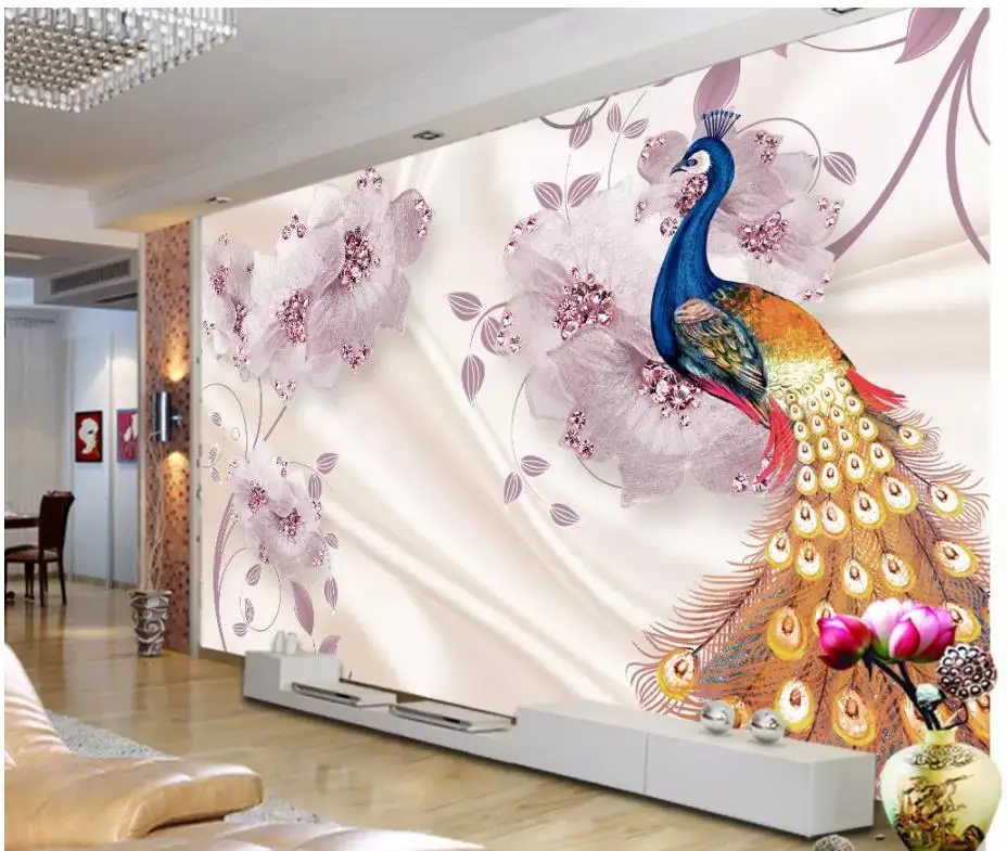 

Light luxury rich jewel flower peacock silk 3D background wall wallpaper for walls 3 d for living room